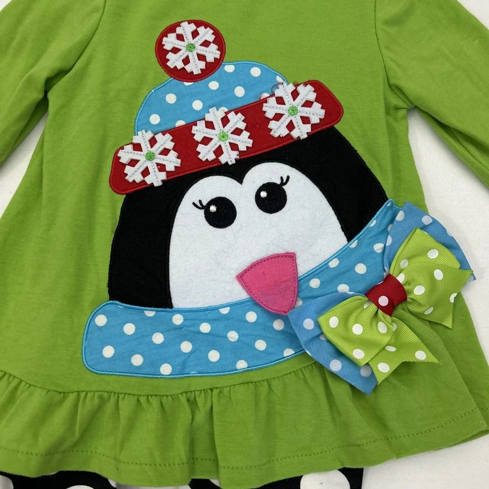 Rare Editions Girls 24mo Christmas Penguin Bow Hat Snowflake Outfit B127‎